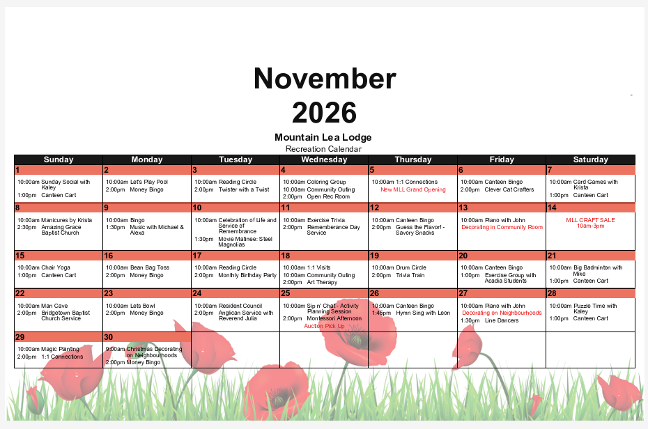 Mountain Lea Lodge - November 2026 Recreation Calendar
