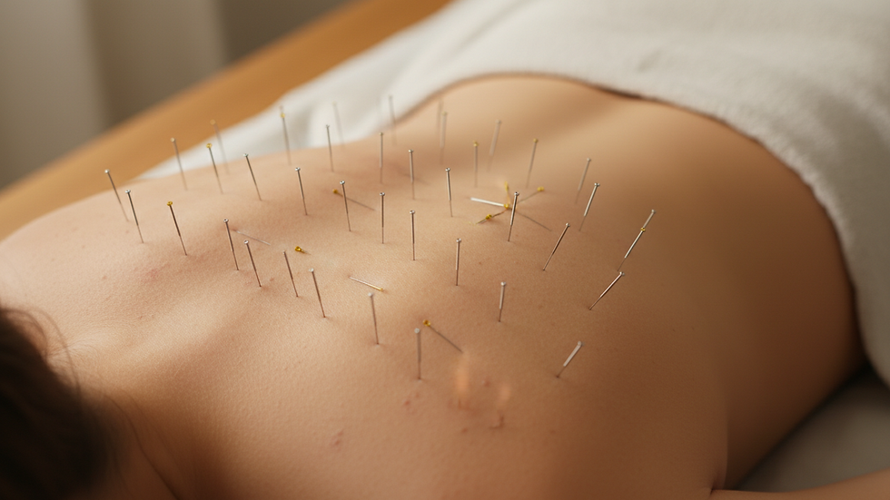 Close-up view of acupuncture needles inserted in a patient's back