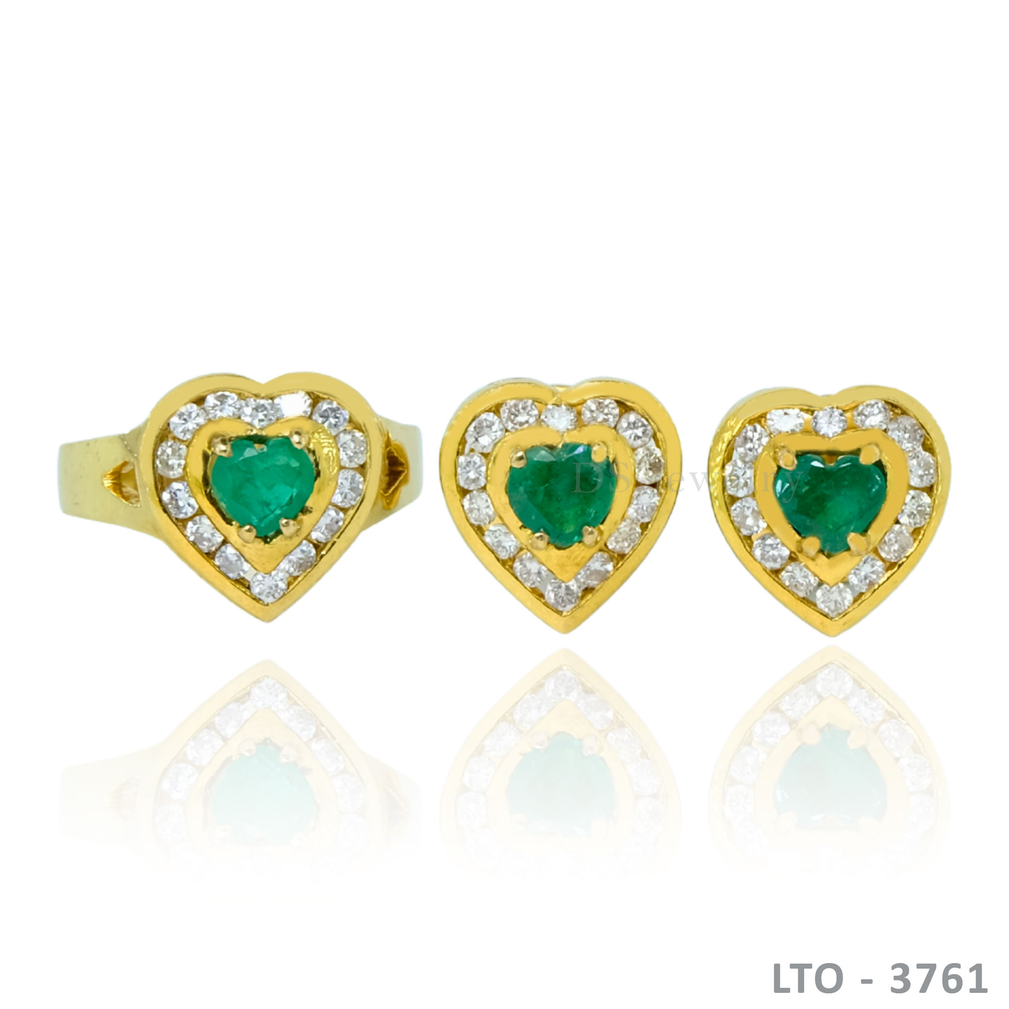 14K-YG Heart Emerald Ligid with Diamond Set of Ring and Earring