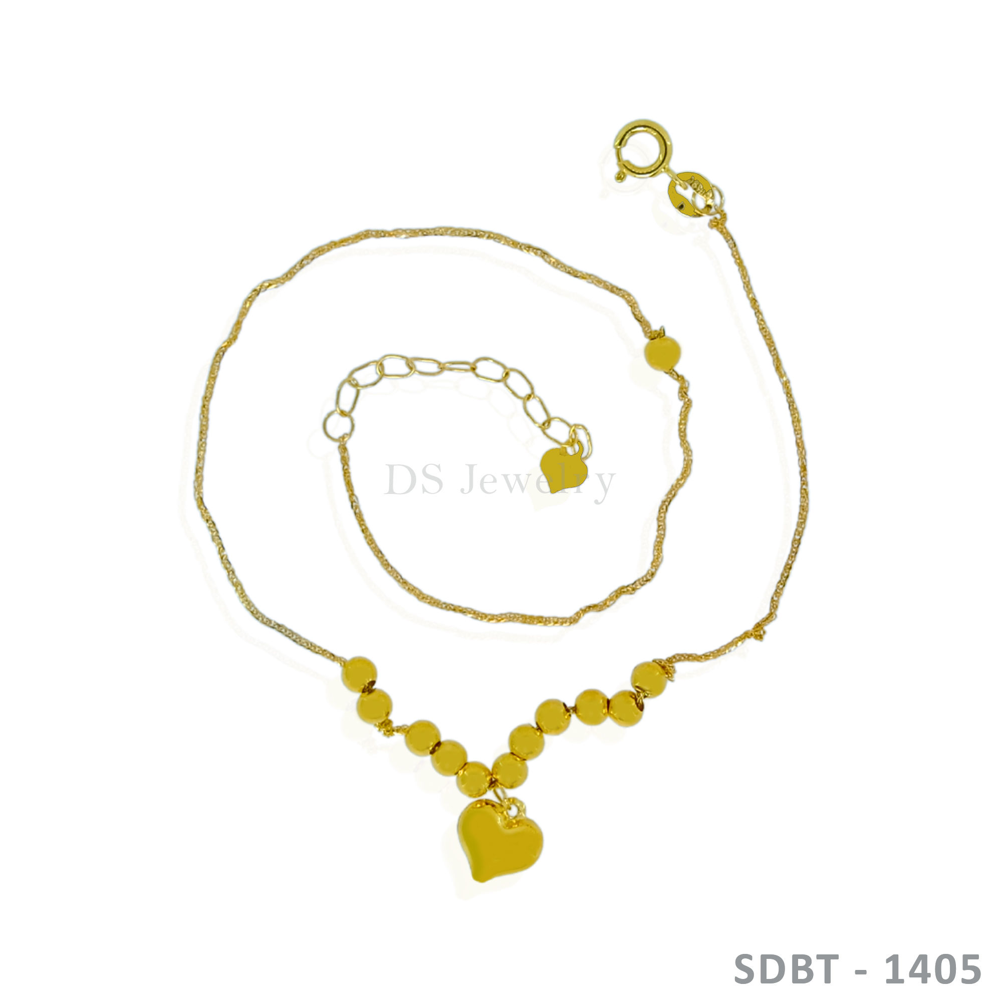 18K-YG Thin Chain with Ball Heart Charm Bracelet