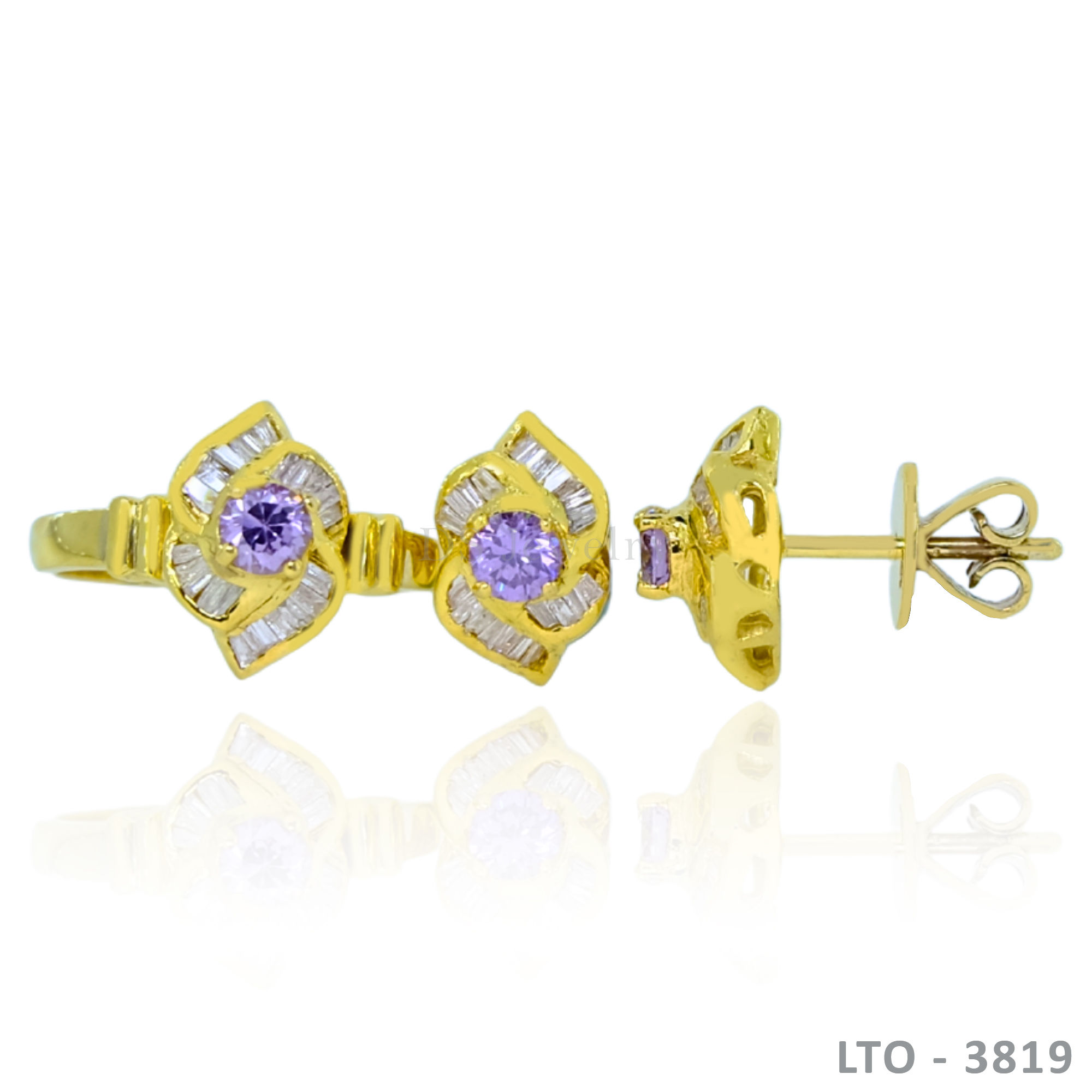 14K-YG Birth Stone with Ligid Baguette Set of Ring and Earrings