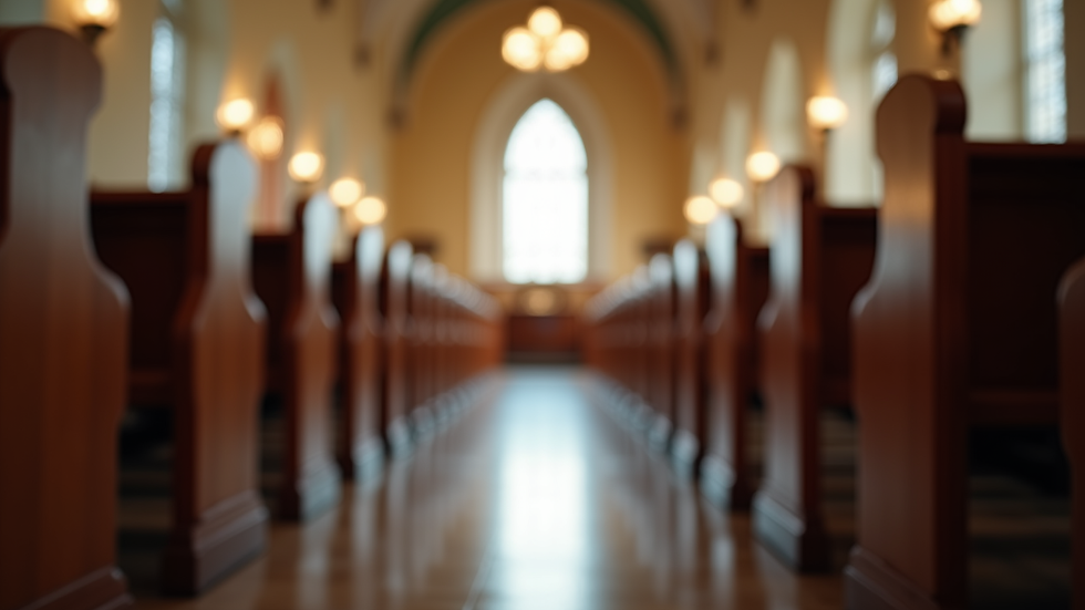Eye-level view of a serene church interior with wooden pews