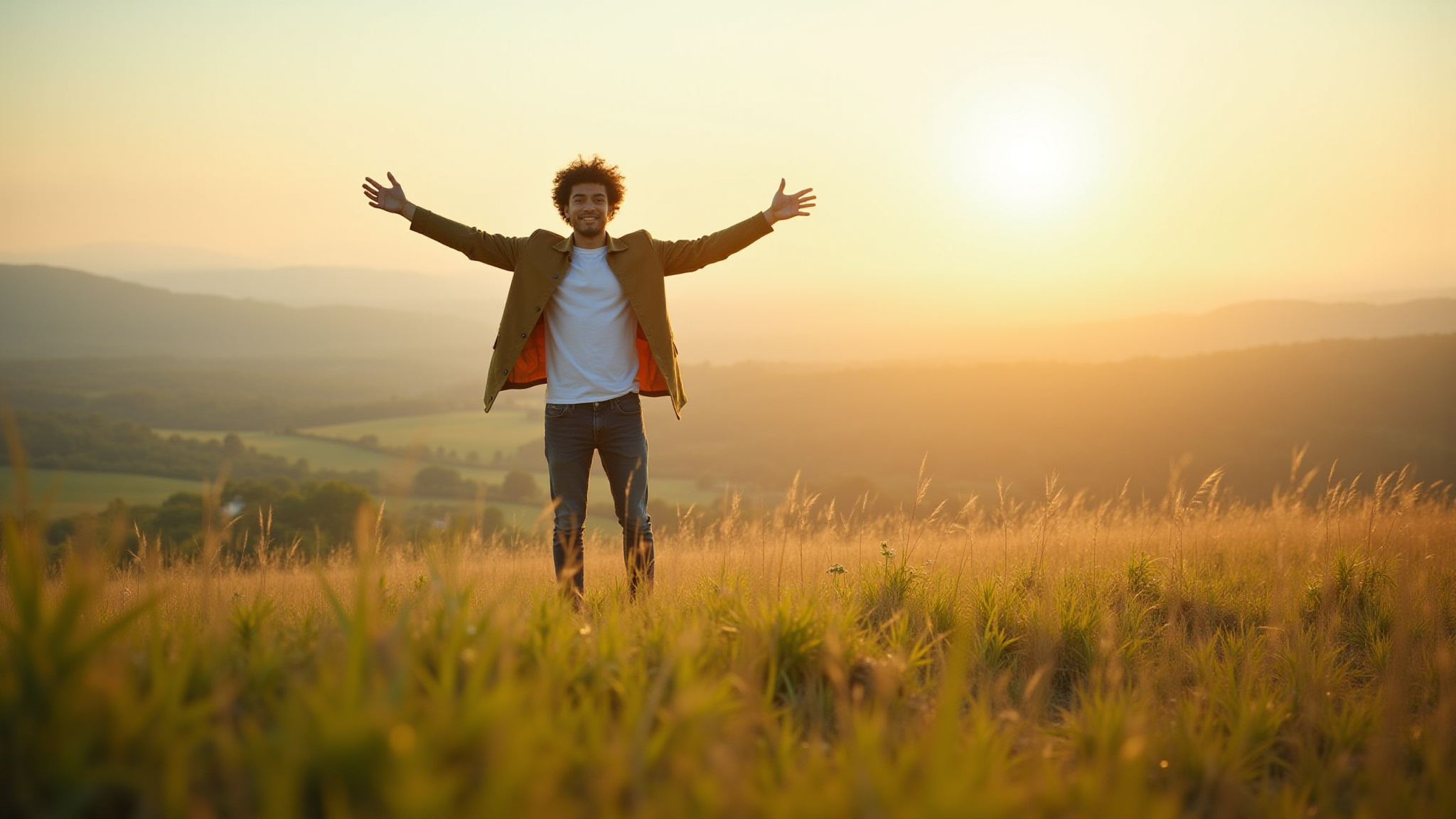 Young man standing in a meadow on a hill with his arms outstretched and the sun setting behind him.