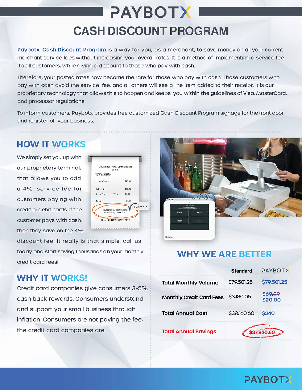 This is a flyer explaining the cash discount program powered by Paybotx.