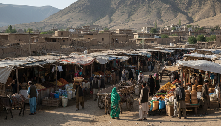 Wide-angle view of a rural marketplace near a mountain village.