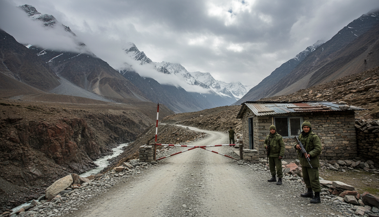 Wide-angle view of a mountain border road in South Asia