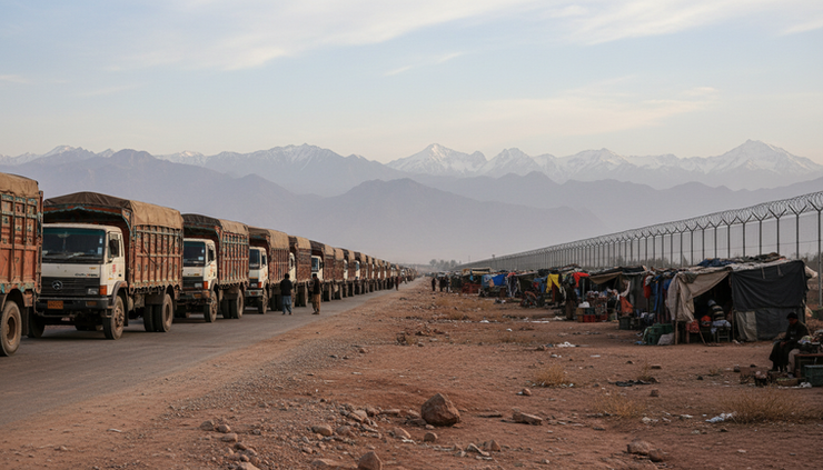 Eye-level view of cargo trucks waiting beside a dry border road.