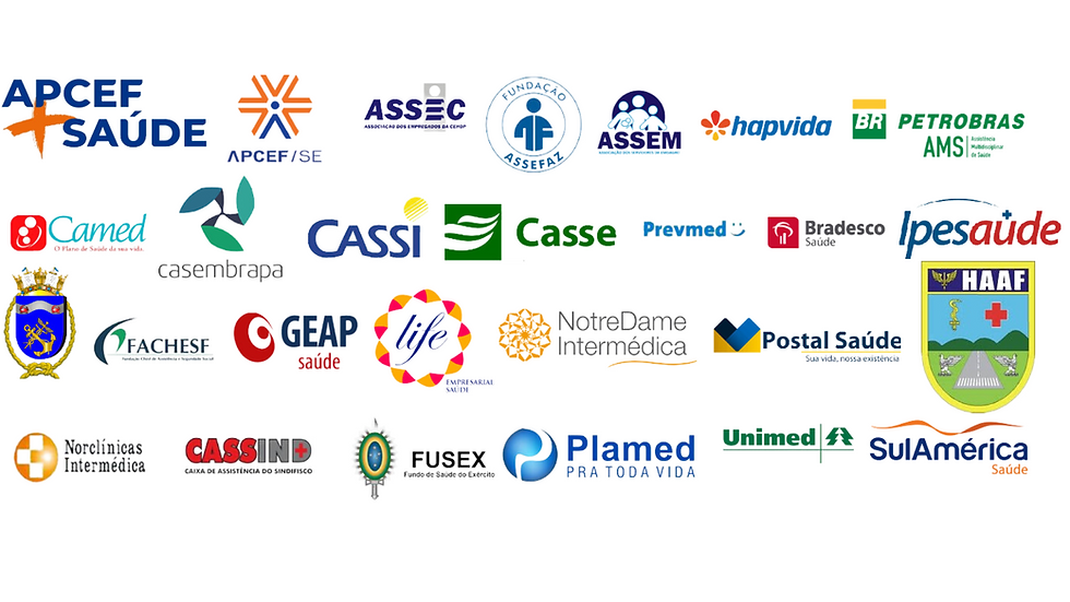 Logotipos de operadoras de saúde: APCEF SAÚDE, ASSIC, ASSEM, e outras.