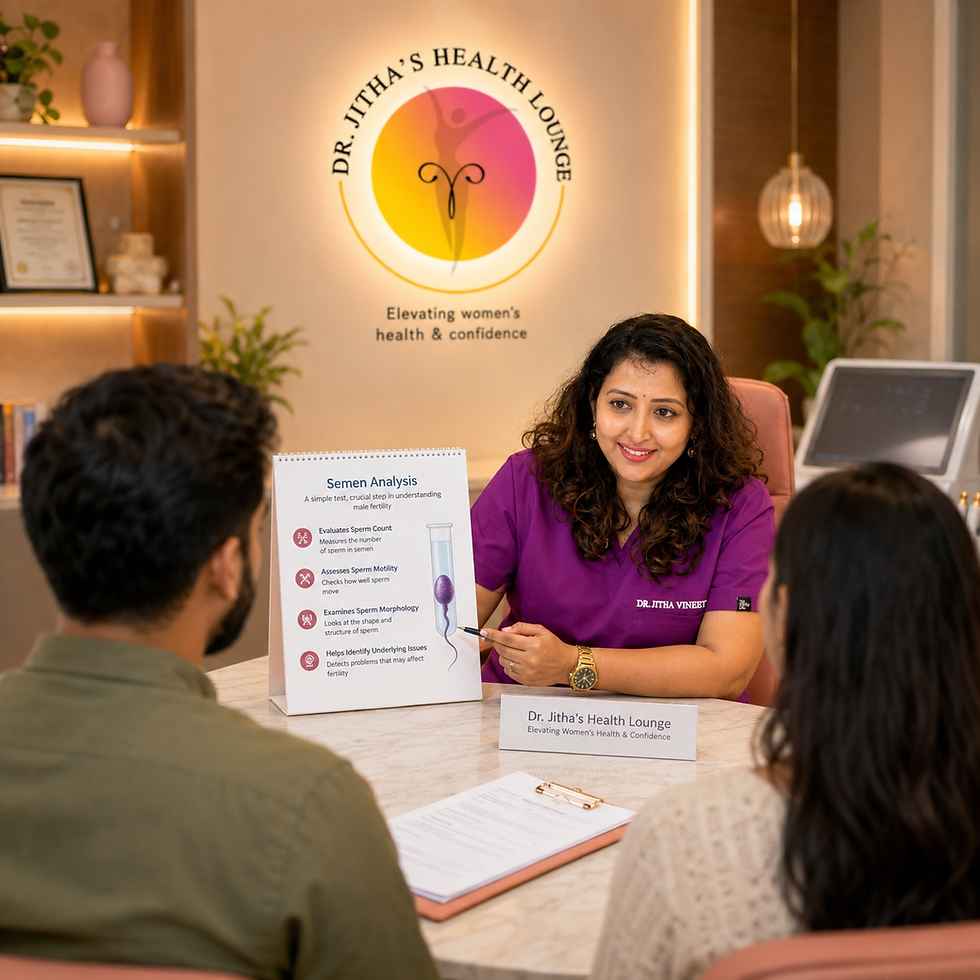 Fertility specialist explaining infertility and semen analysis to a young couple during a consultation.