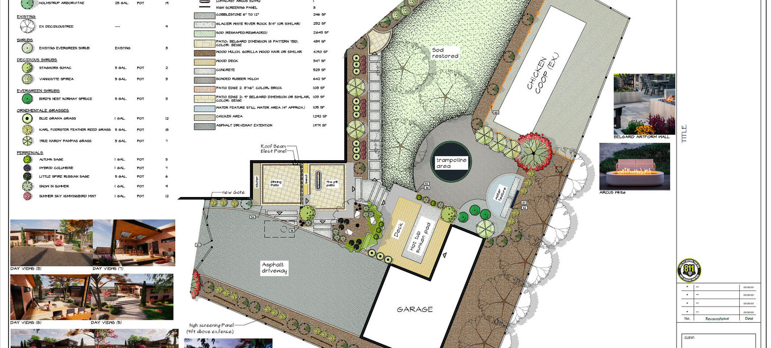 2D Landscape design with hardscape, planting, and plant key