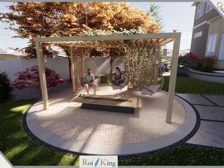 Outdoor structure with hanging chairs over a stone patio for a zen scene