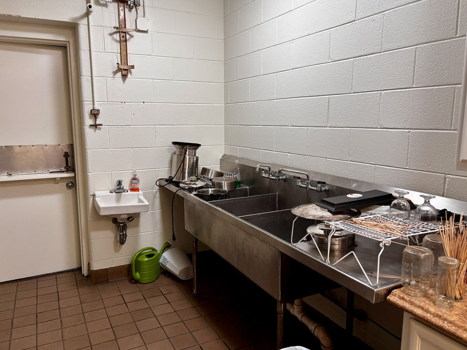 A closer view of the industrial sinks and a smaller sink.