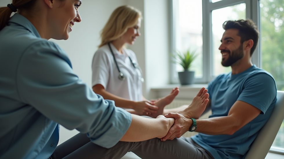 Close-up view of physiotherapist guiding patient through leg strengthening exercises