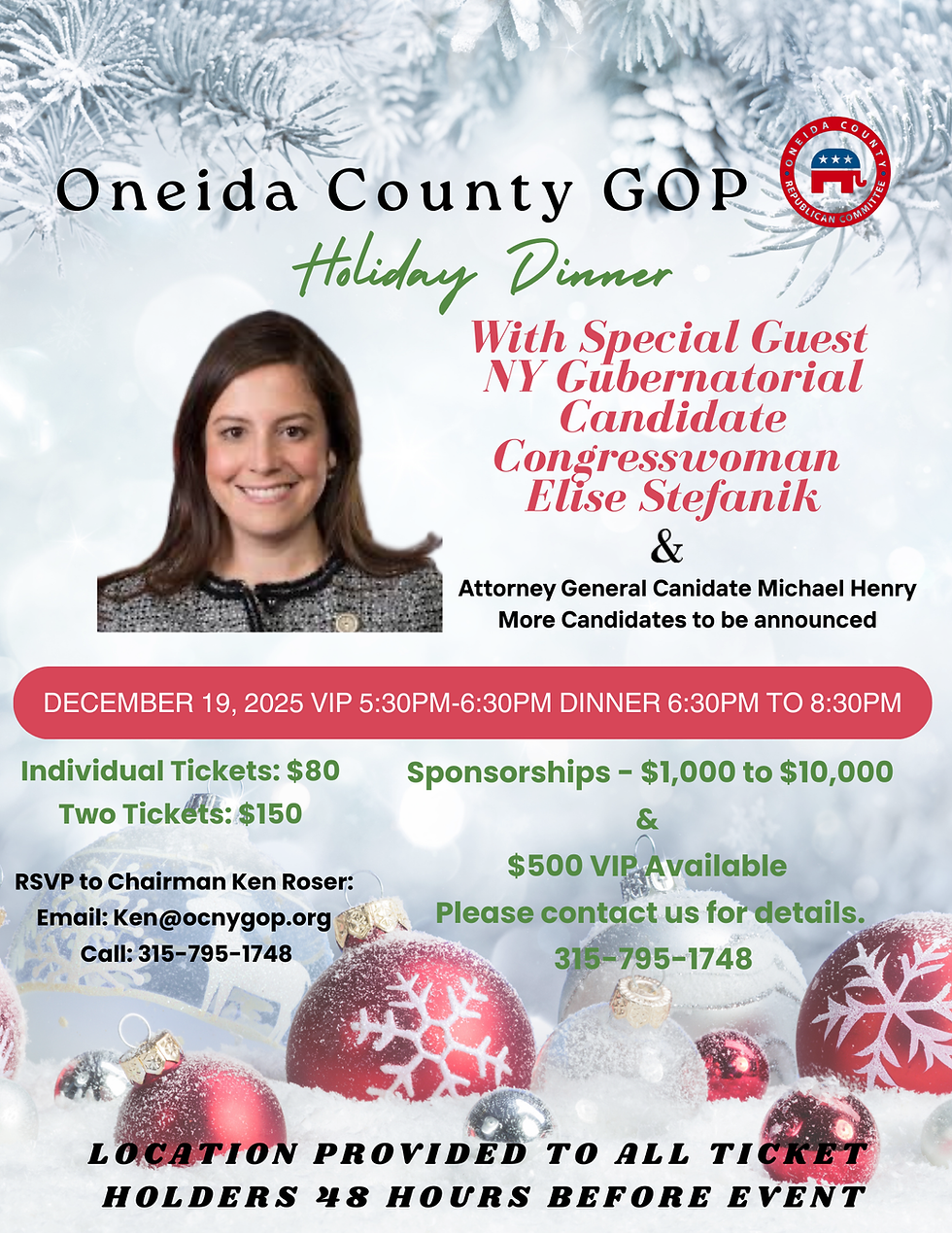 Oneida County GOP Holiday Dinner with NY Gubernatorial Candidate Elise Stefanik