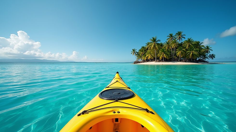 High angle view of a kayak on clear blue water near a tropical island