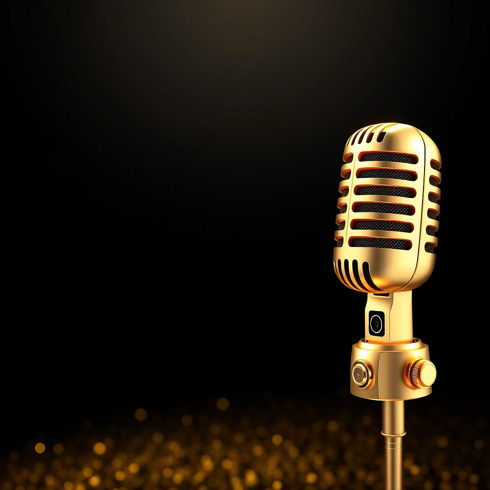 Gold Futuristic radio microphone on the far left side of the image Set on a black backgrou