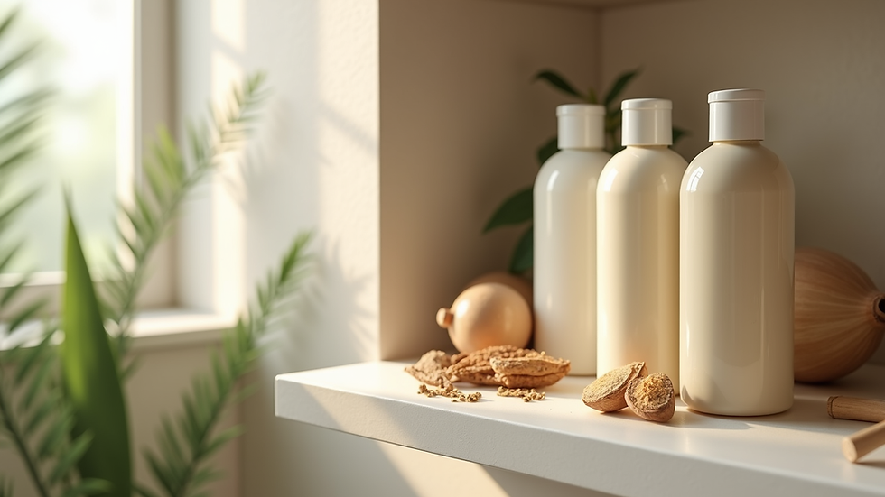 Eye-level view of shampoo bottles with natural ingredients on bathroom shelf