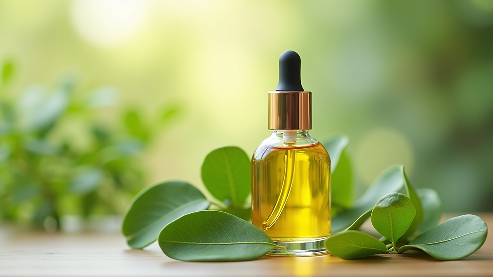 Eye-level view of a glass bottle with natural hair oil and fresh moringa leaves