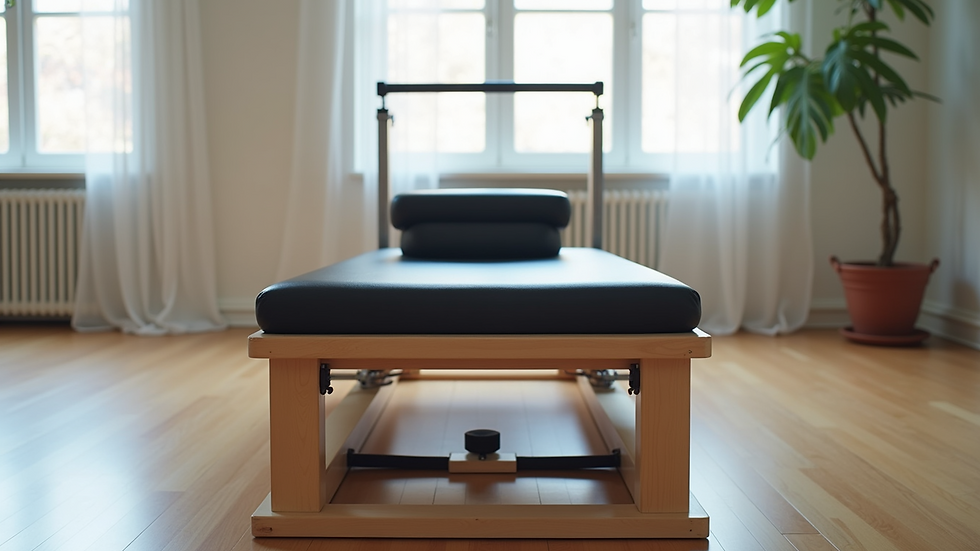 Eye-level view of Pilates reformer machine in a bright studio