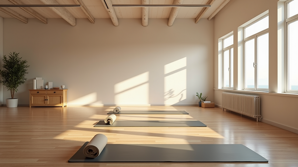 Wide angle view of an organized Pilates studio with mats