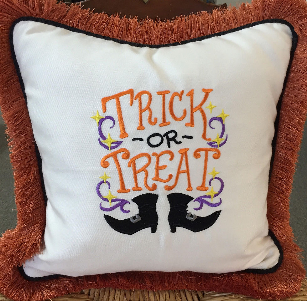 Trick or treat throw pillow with orange brush fringe