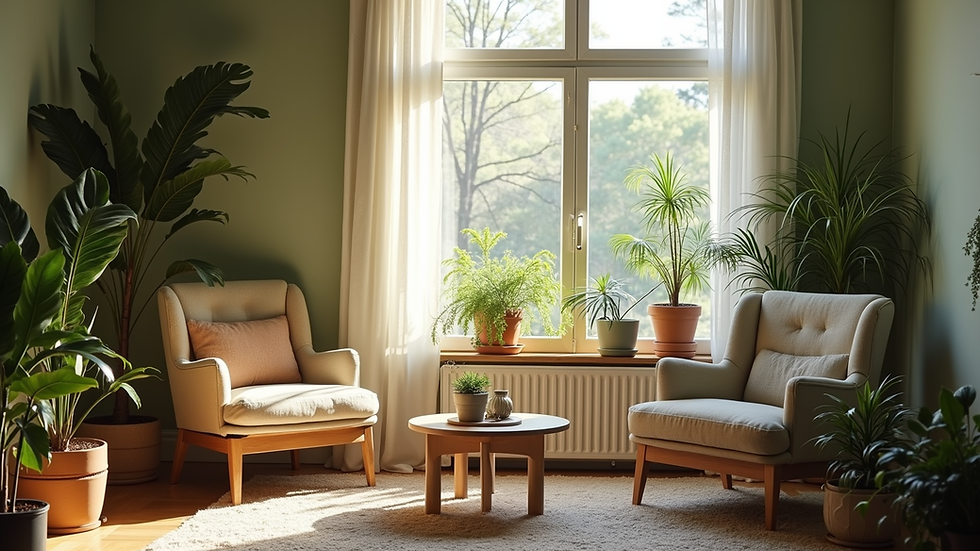 Vue rapprochée d’un salon cosy avec plantes vertes et lumière naturelle