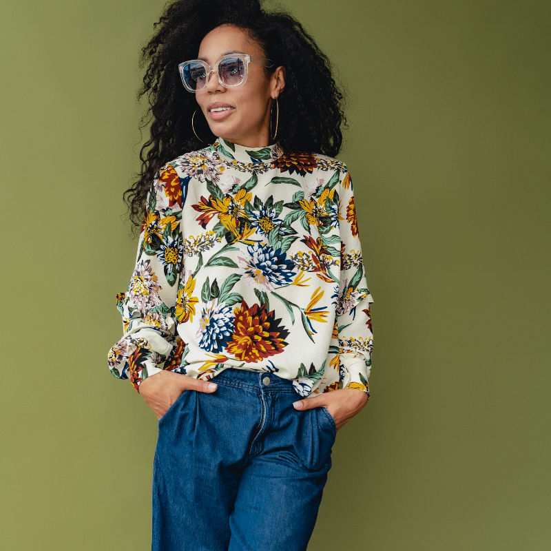Floral Print Long-Sleeve Blouse with Denim Culottes