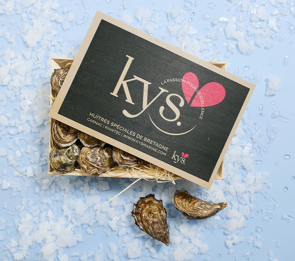 Kys Austern in Holzkiste auf Eis