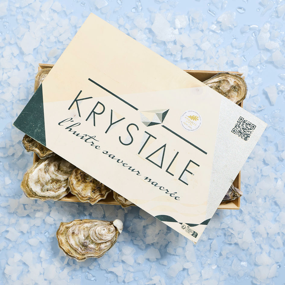 Krystale Austern in Holzkiste auf Eis