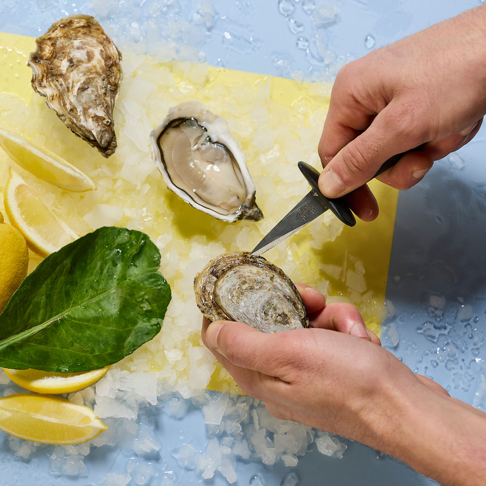 Gold Beach Austern angerichtet mit Zitrone und geöffnetem Austernmesser