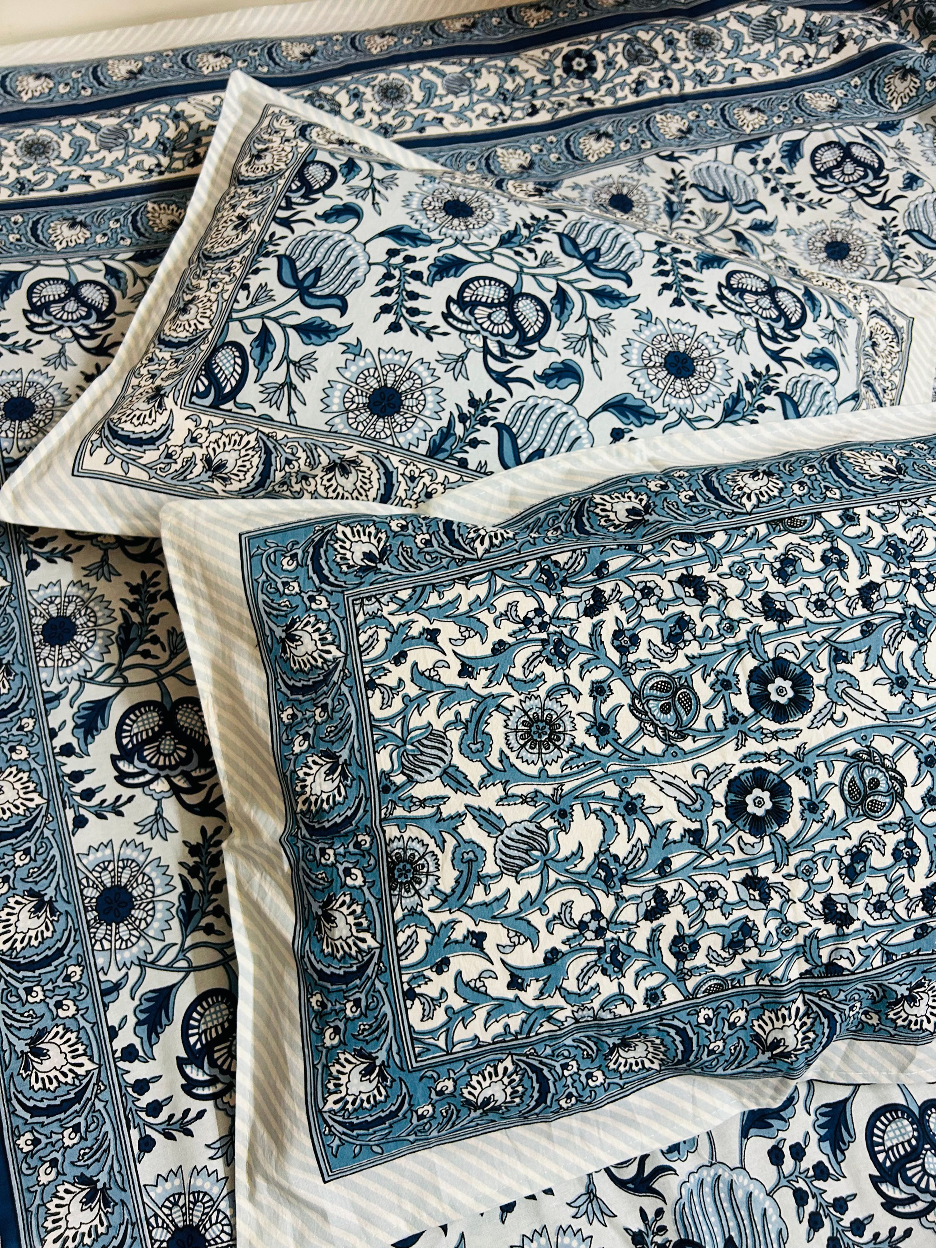 Phulkari Cotton Double Bedsheet (Blue - King Size)