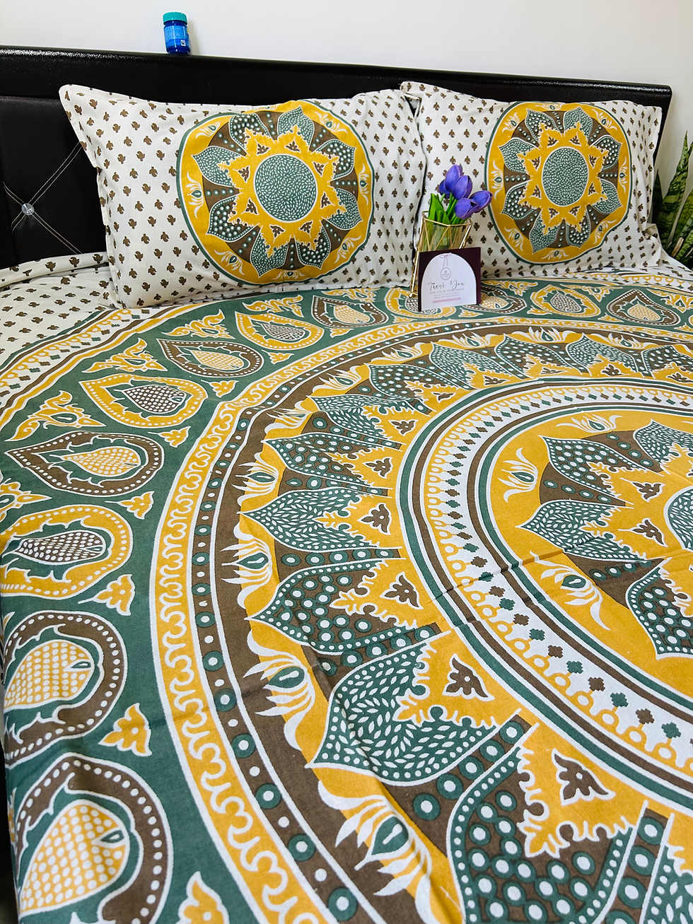 Mandala Cotton Double Bedsheet (Yellow - Queen Size)