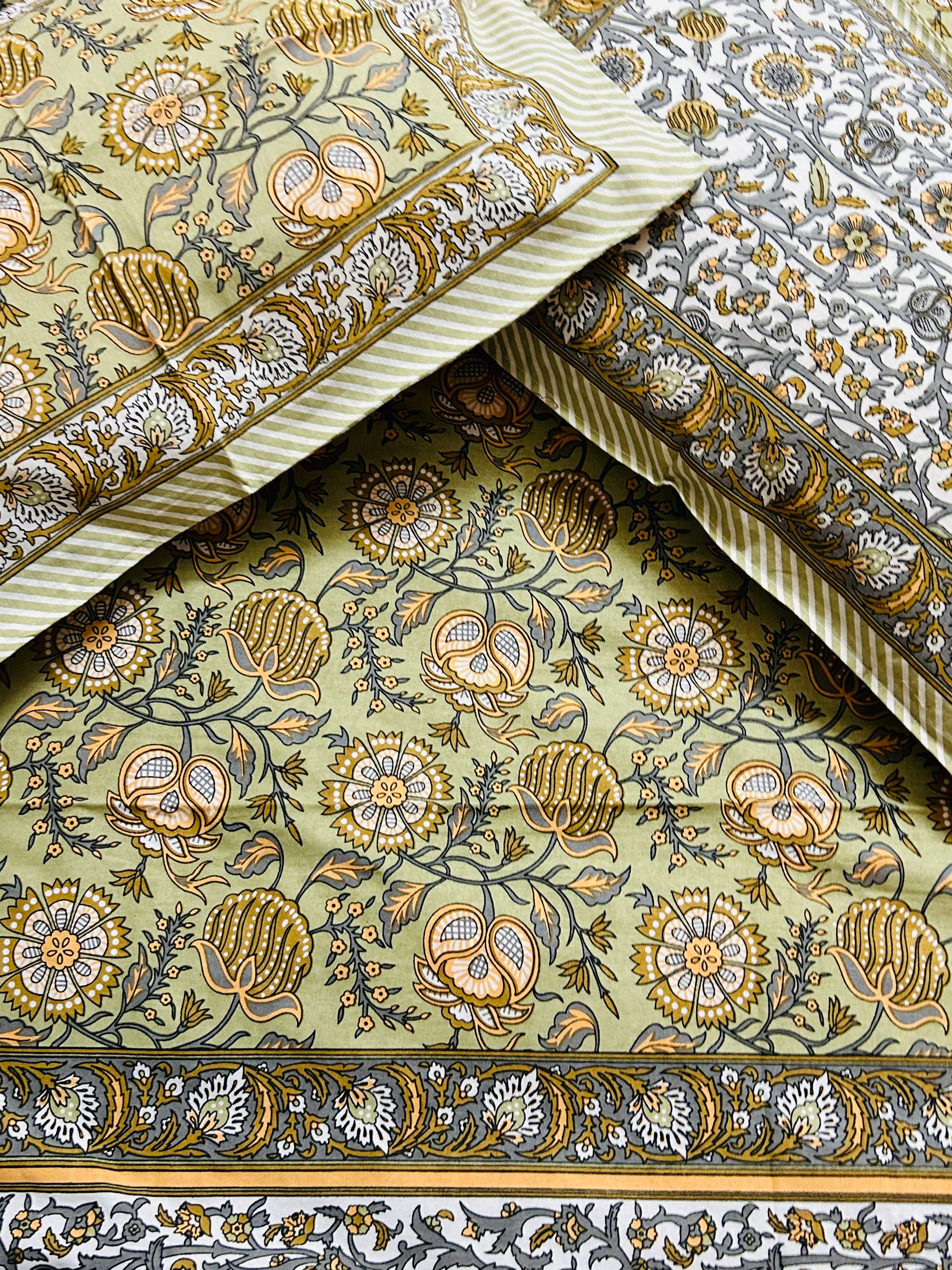 Phulkari Cotton Double Bedsheet (Olive Green - King Size)