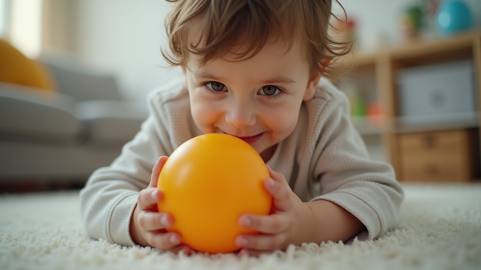 Eye-level view of a child holding a soft sensory ball