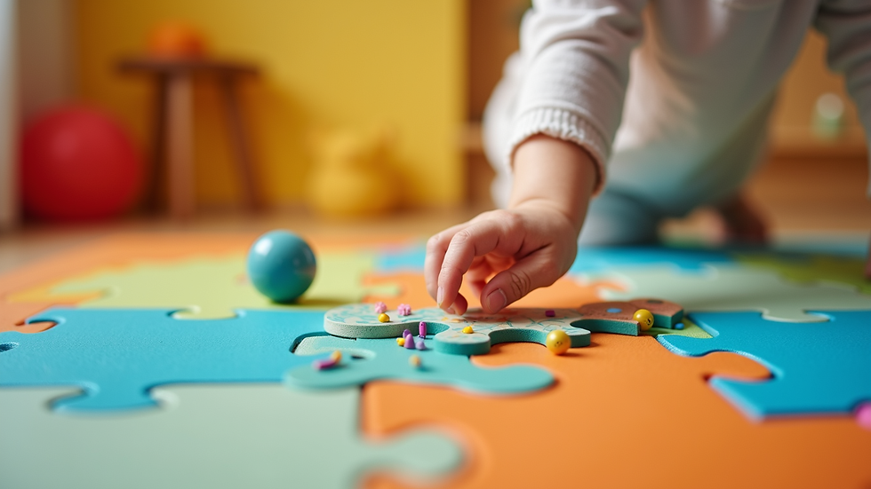 High angle view of a colourful play mat with sensory toys