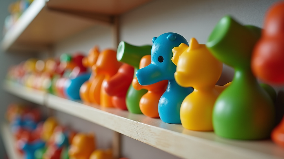 Close-up view of colourful toys arranged neatly on a low shelf