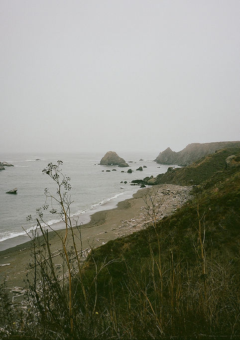Foggy coastal scene with a rocky shoreline and scattered driftwood on the beach. Distant sea stacks rise from calm waters under an overcast sky. Serene mood.