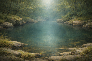 A still pool of clear water surrounded by trees and rocks, with soft light filtering down into the depth of the water.