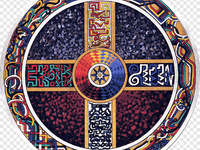 Colorful mandala by Carl Jung with a circular pattern, intricate line designs, and geometric shapes. Rich blues, reds, and yellows create a vibrant mood conveying the art of the journey to wholeness in Jungian spiritual-direction.
