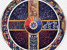 Colorful mandala by Carl Jung with a circular pattern, intricate line designs, and geometric shapes. Rich blues, reds, and yellows create a vibrant mood conveying the art of the journey to wholeness in Jungian spiritual-direction.