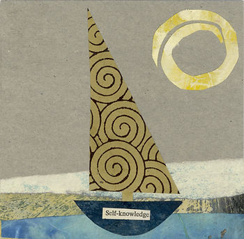 Sailboat with spiral-patterned sail on textured blue water with a gray sky. Yellow spiral sun above. Text reads "Self-knowledge."