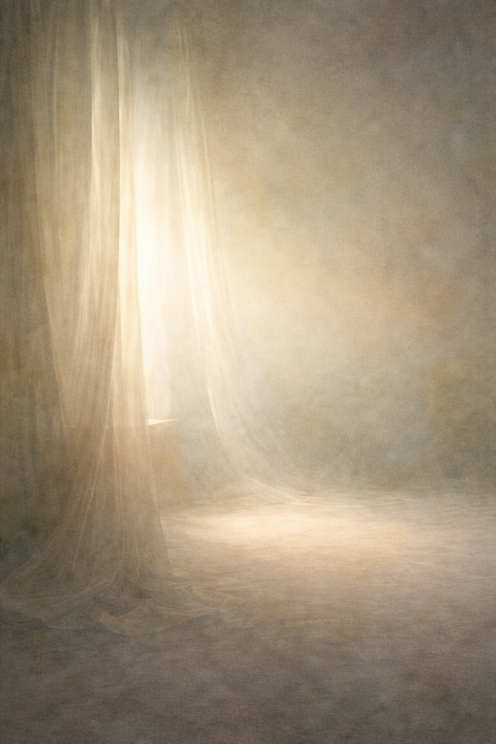 Softly layered image of translucent fabric and muted light, with gentle shadows and a pale illuminated area emerging through the layers.