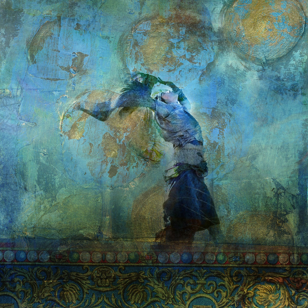 A dancer moves gracefully in a flowing dress against a textured background of blue and gold patterns, creating a sense of fluid motion and elegance as in the dance between our psychology and spirituality.