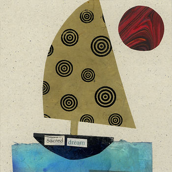Sailboat with spiral patterns on a tan sail, set against a marbled red sun. Words "Sacred dream" on the hull. Blue watercolor sea.