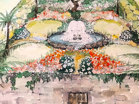 Watercolor painting of a garden with a central fountain, surrounded by colorful flowers and palm trees, representing the temenos of the inner garden. A enclosing wall and door in are in the foreground