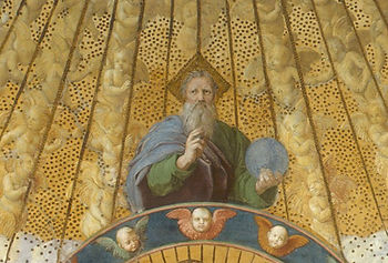 God as a bearded man in robes above the Earth, holds a globe, surrounded by gold angel figures. The background features a detailed, ornate design.