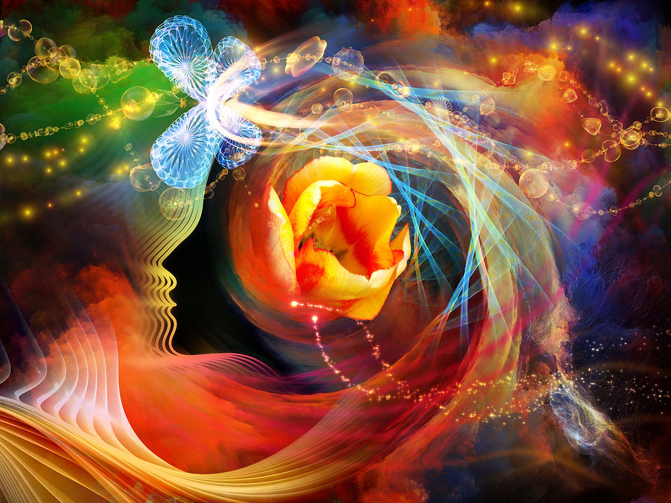 Abstract artwork with vibrant colors; a silhouette of a human profile, swirling patterns, bubbles, and a central yellow-orange flower, evoking the vibrancy and mystery of the dreamworld.