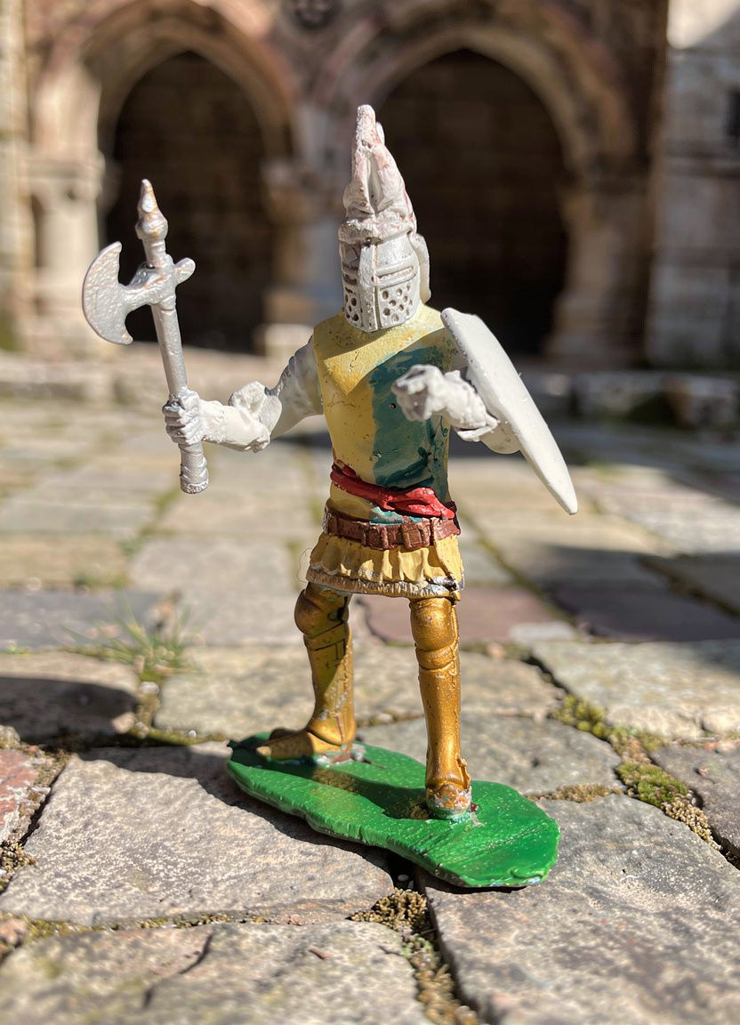 Medieval Foot Knight with Great Helm, hand Axe and Shield