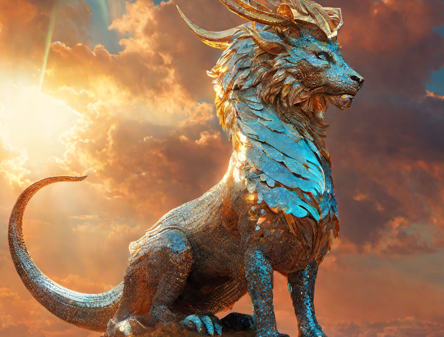 A Human+AI generated Golden Lion with elements of the ram and water within the design.