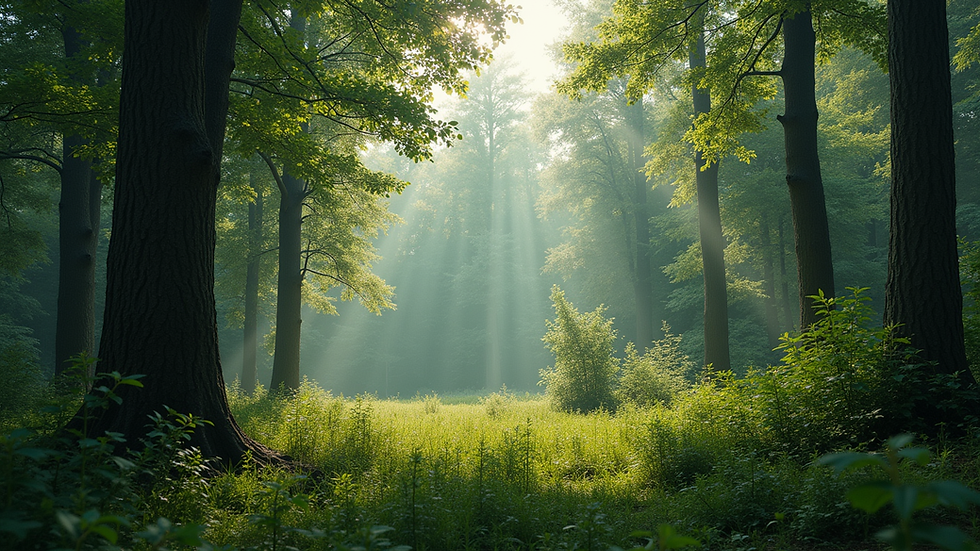 Wide angle view of a lush forest landscape